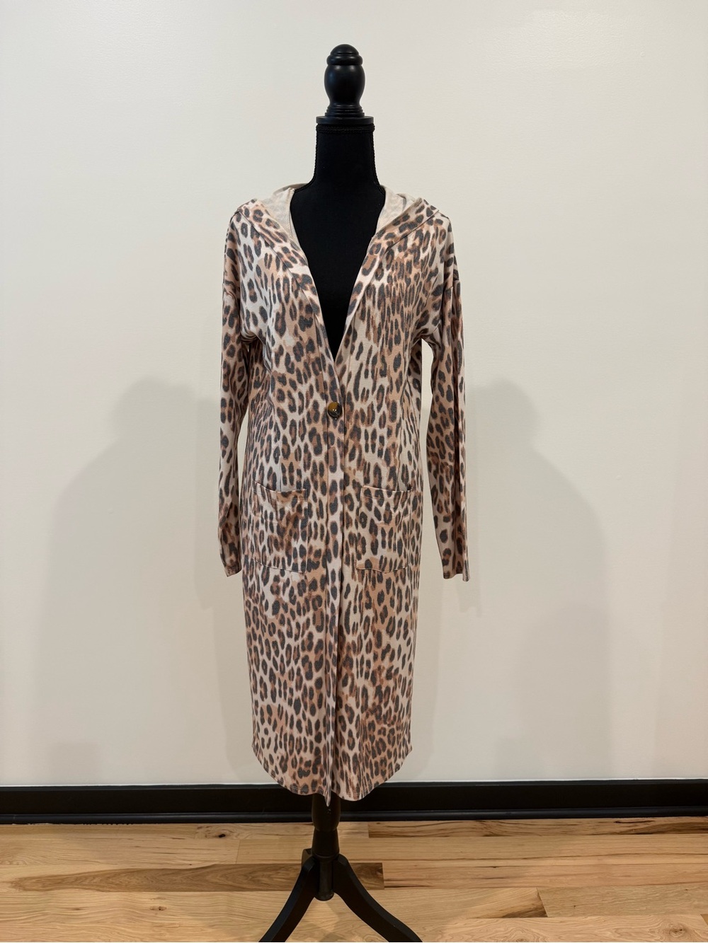 VENUS Leopard Print Hooded Longline Cardigan Duster Size Medium